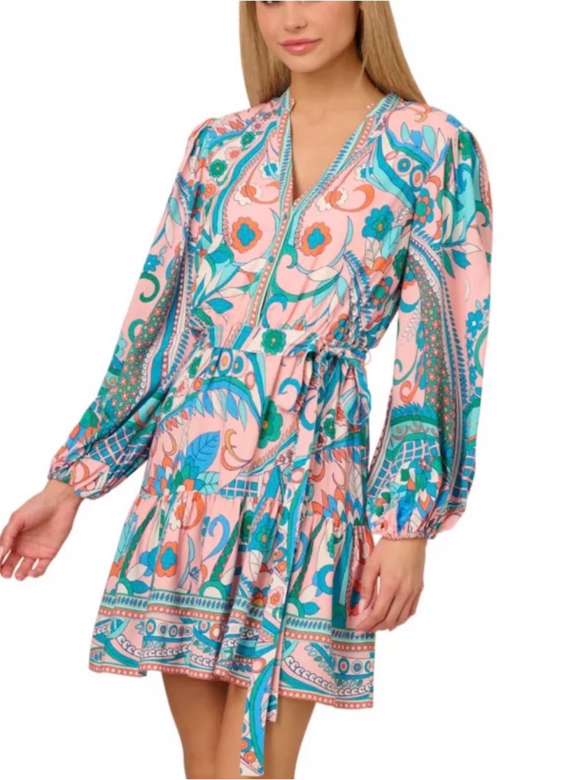 Adrianna Papell Pink Dress With Teal & Aqua Paisley Print